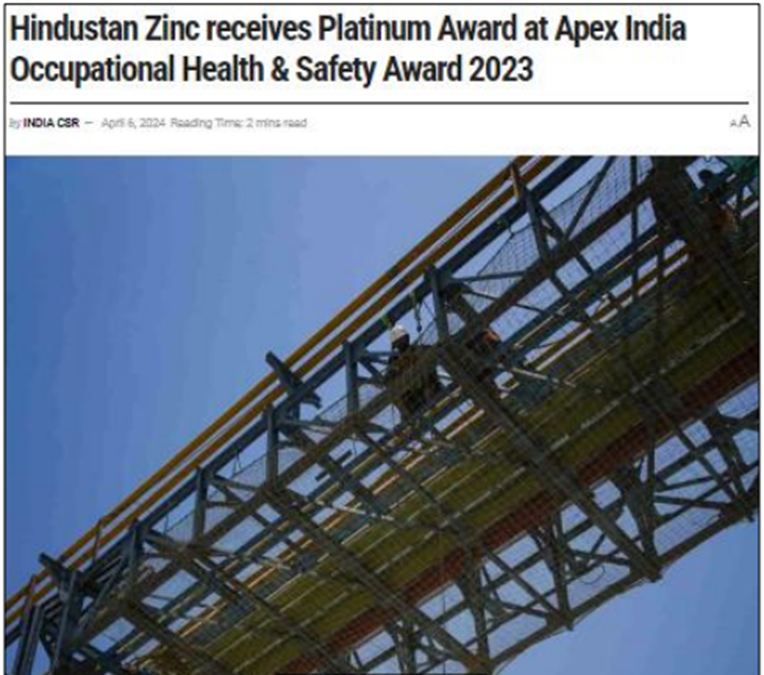 Hindustan Zinc receives Platinum Award at Apex India Occupational Health & Safety Award 2023