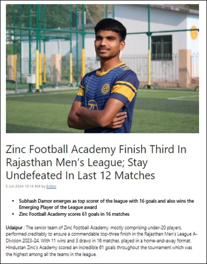 Zinc Football Academy Finish 3rd in Rajasthan Men’s League